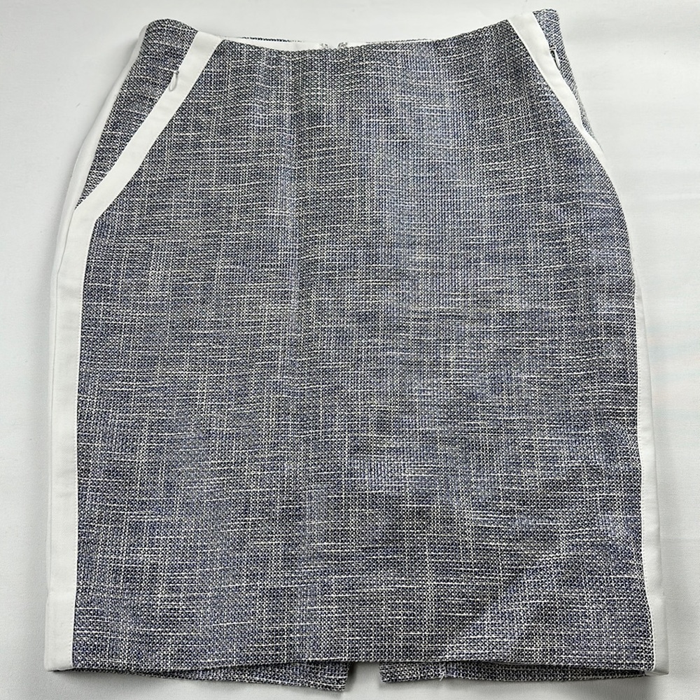 Etcetera tweed skirt, metallic blue woven material, white stripe accent. Size 6
